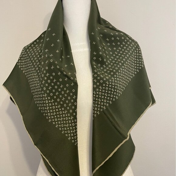 [SOLD]  Authentic Vintage LOUIS VUITTON Sage Green Monogram Silk Scarf - Picture 3 of 11